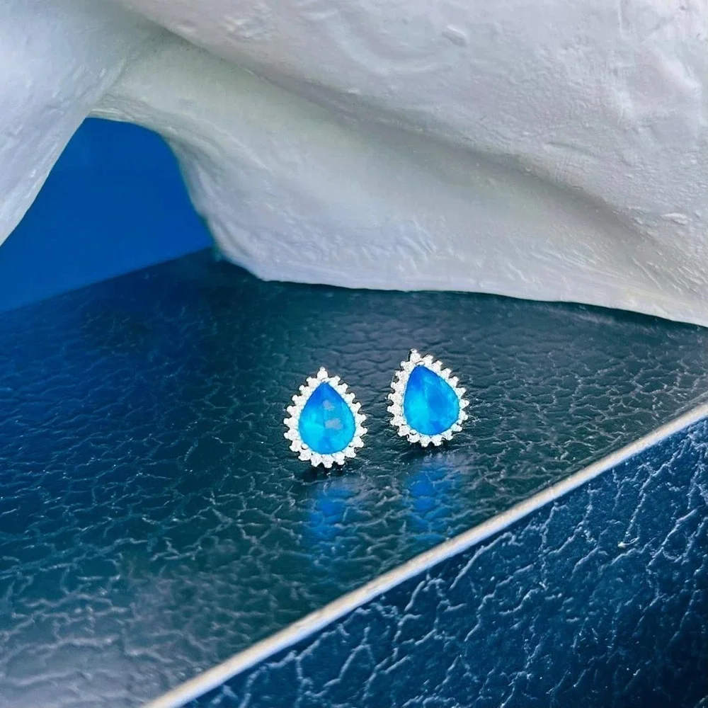 Pear bridal stud earrings with CZ and blue topaz - Sterling Silver 925 - Picture 1 of 5